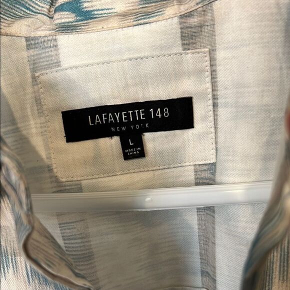 Lafayette 148 100% Cotton Patterned Blue White Button Up Fall Winter Shirt - Picture 4 of 12